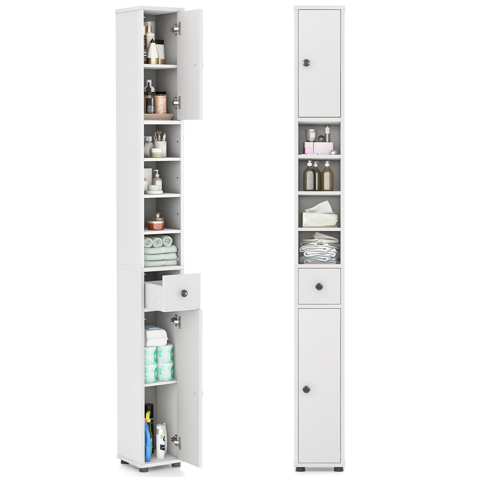 Gymax Tall Slim Bathroom Storage Cabinet Linen Tower w/ Drawer & Adjustable Shelves