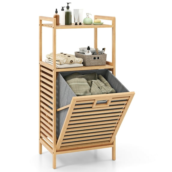 Gymax Tilt-out Laundry Hamper w/ 2-Tier Shelves & Tilt-out Basket Bamboo Organizer