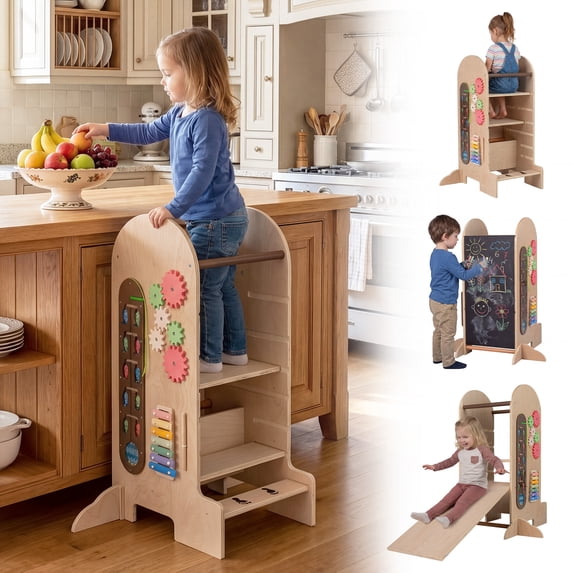 Gymax Toddler Step Stool Kids Kitchen Standing Tower w/ Adjustable Height Chalkboard