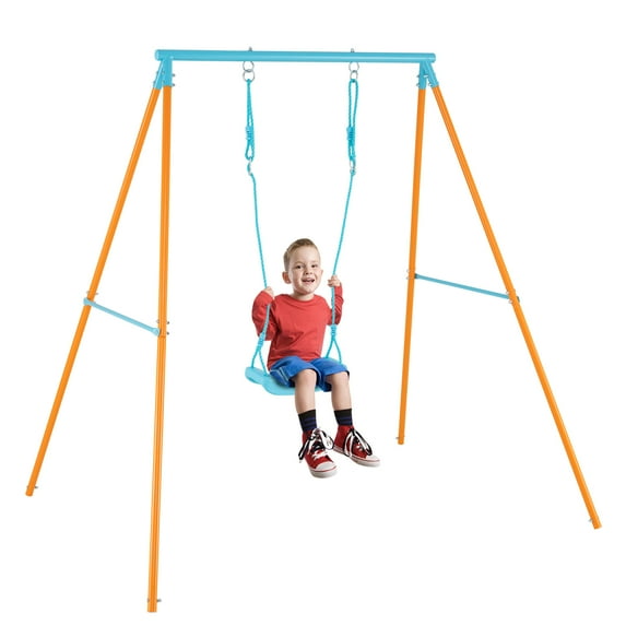 Gymax Toddler Swing Heavy Duty Metal Swing Set w/ A Frame Adjustable Ropes Blue & Orange