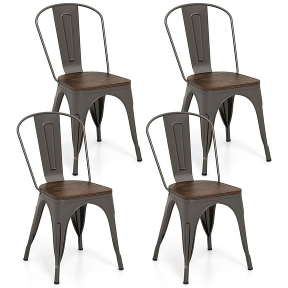 Gymax Tolix Style Metal Dining Chairs Set of 4 w/ Wood Seat & Removable Backrest Gun Color