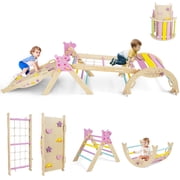 Gymax Triangle Set Wooden Montessori Climbing Set w/Arch Ramp Climbing Rope & Ladder