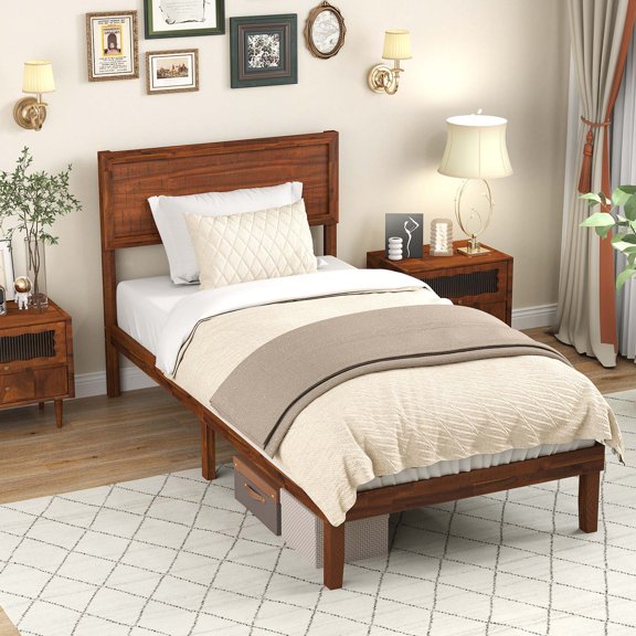 Gymax Twin Bed Frame w/ Rustic Headboard Under-bed Storage Space No Box Spring Needed