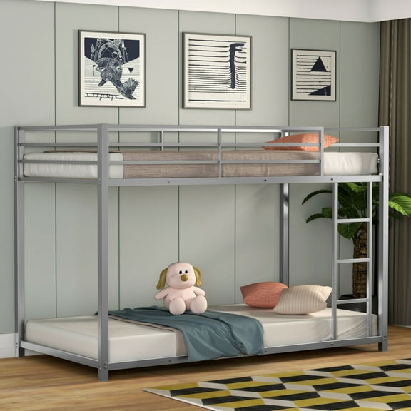 Gymax Twin Bunk Bed Twin Over Frame Platform W/ Guard Rails & Side Ladder Silver