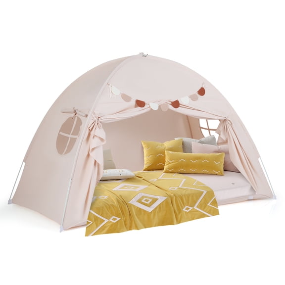 Gymax Twin Full Size Bed Tent w/2 Windows Flags for Boys & Girls Aged 3+ Years Old Beige
