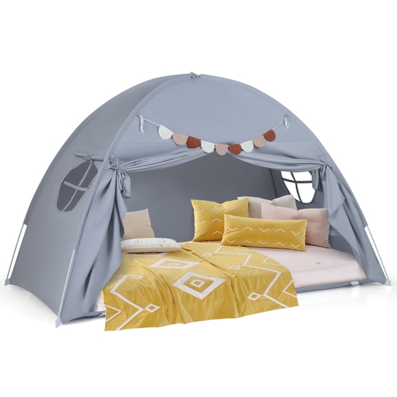 Gymax Twin Full Size Bed Tent w/2 Windows Flags for Boys & Girls Aged 3+ Years Old Grey