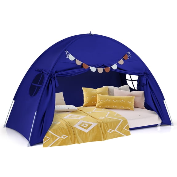 Gymax Twin Full Size Bed Tent w/2 Windows Flags for Boys & Girls Aged 3+ Years Old Navy