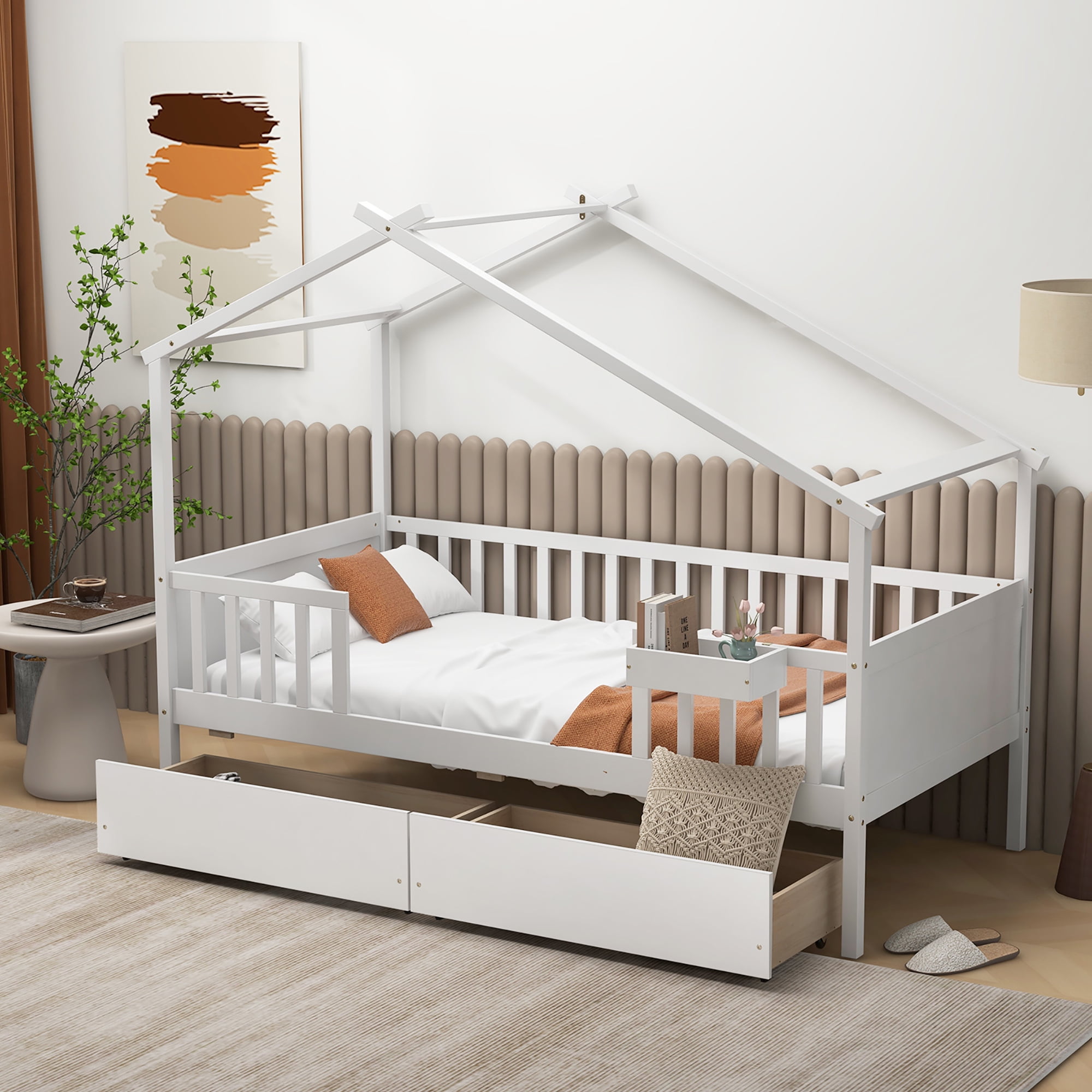 Gymax Twin House Bed w/ 2 Storage Drawers Roof & Fence Rails Headboard & Footboard