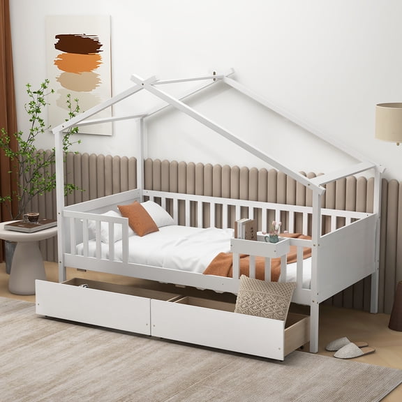 Gymax Twin House Bed w/ 2 Storage Drawers Roof & Fence Rails Headboard & Footboard