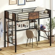 Gymax Twin Loft Bed w/ Desk Heavy-Duty Metal Bed Frame w/ Safety Guardrail & Ladder