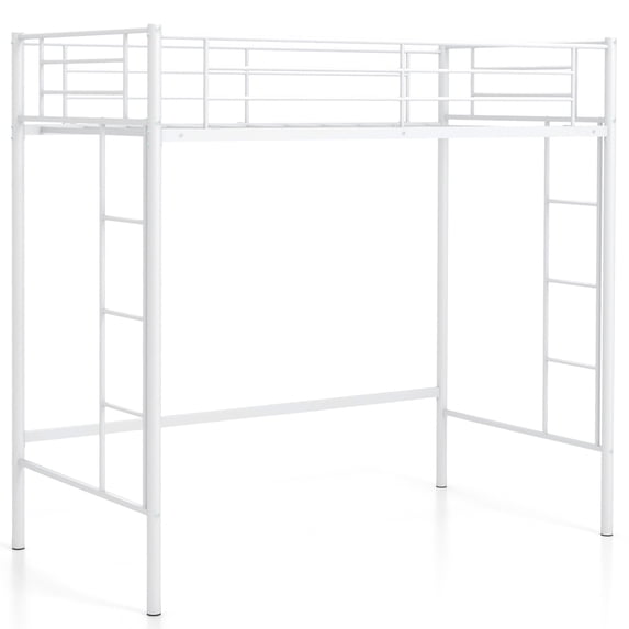 Gymax Twin Size Loft Bed Heavy Duty Metal Loft Bed Frame w/ Safety Guardrail White