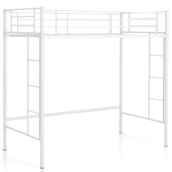 Gymax Twin Size Loft Bed Heavy Duty Metal Loft Bed Frame w/ Safety Guardrail White