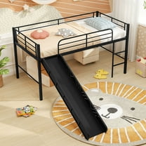 Gymax Twin Metal Loft Bed with Slide Guardrails Built-in Ladder Low Bed Frame Black
