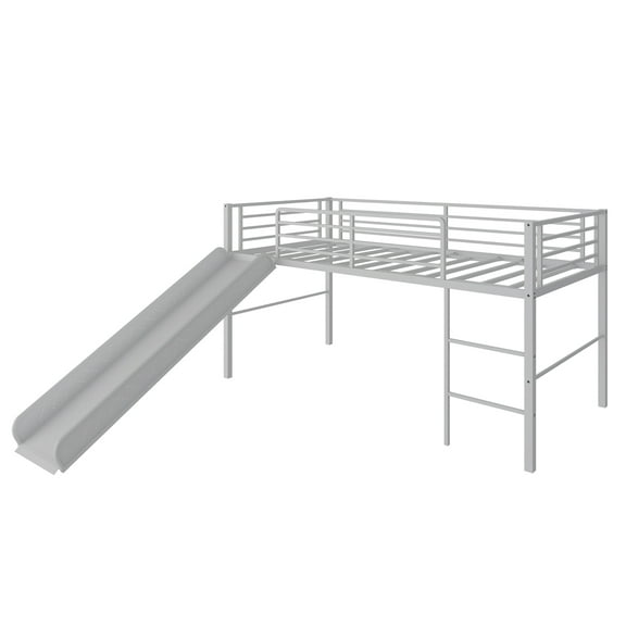 Gymax Twin Metal Loft Bed with Slide Guardrails Built-in Ladder Low Bed Frame Silver
