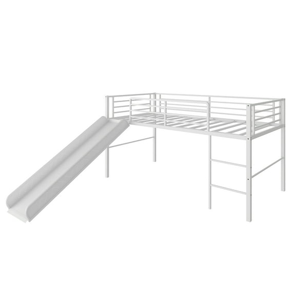Gymax Twin Metal Loft Bed with Slide Guardrails Built-in Ladder Low Bed Frame White