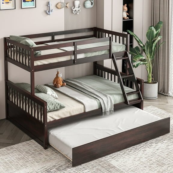 Gymax Twin Over Full Bunk Bed with Twin Trundle Convertible Platform Bed Espresso