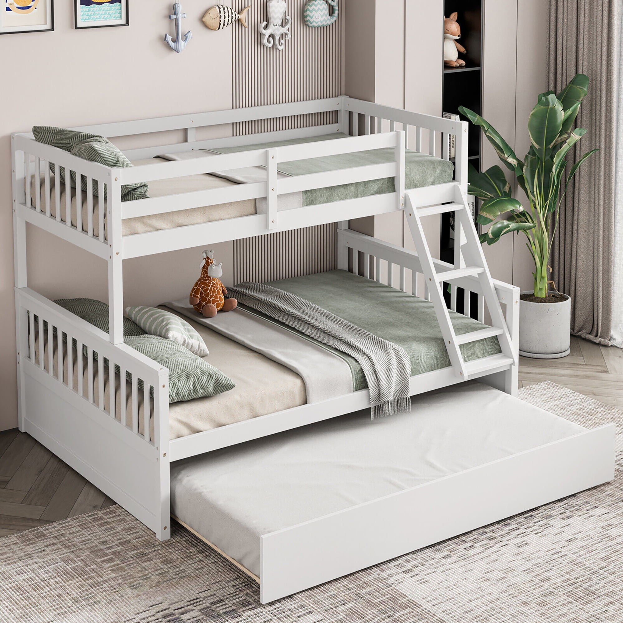 Gymax Wood Twin Over Full Bunk Bed with Twin Trundle for Kids ...