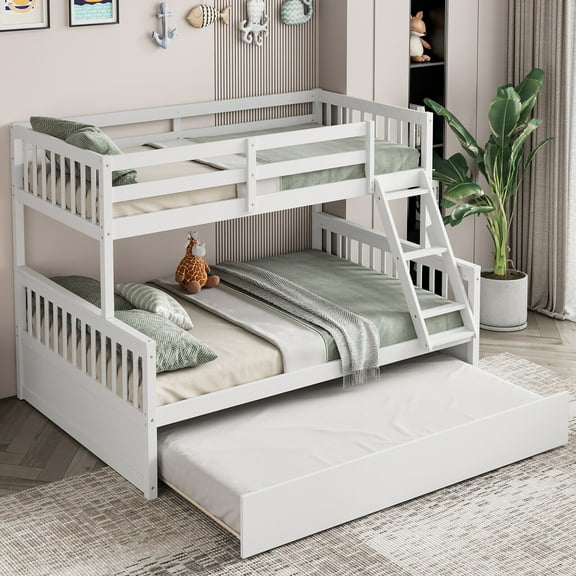 Gymax Twin Over Full Bunk Bed with Twin Trundle Convertible Platform Bed White