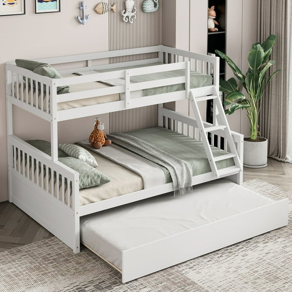 Gymax Twin Over Full Bunk Bed with Twin Trundle Convertible Platform Bed White