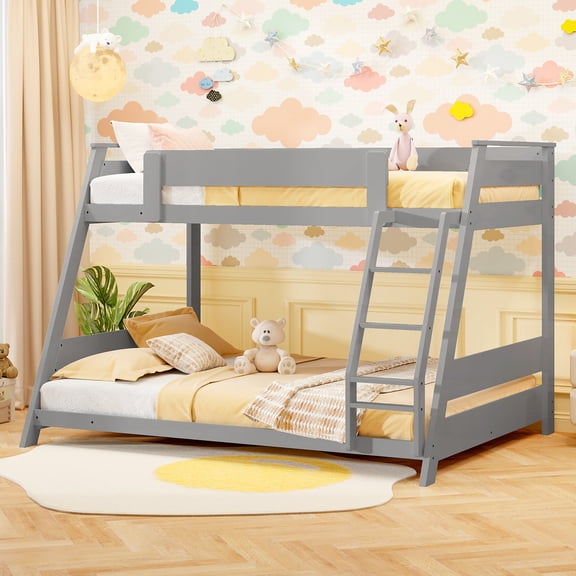 Gymax Twin Over Full Low Bunk Bed Solid Wooden Floor Bunk Bed w/ Reversible Ladder Gray