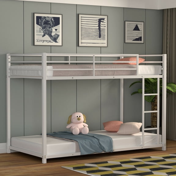 Gymax Twin Over Twin Bunk Bed Frame Platform with Guard Rails & Side Ladder White