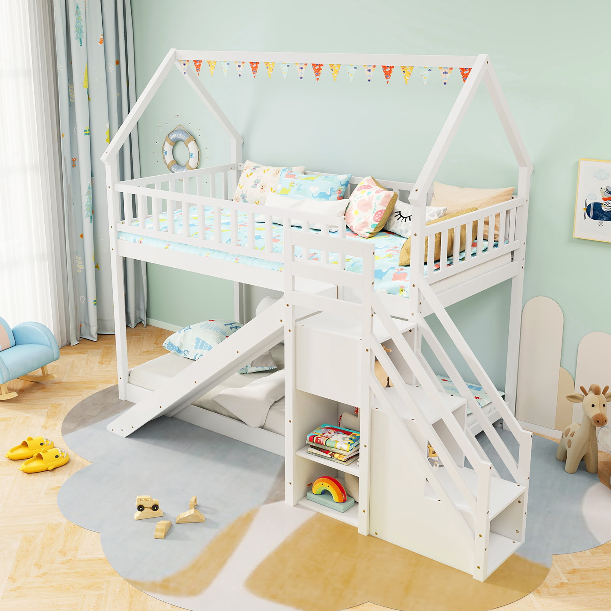 Gymax Twin Over Twin Bunk Bed with Slide & Staircase Storage - Walmart.com