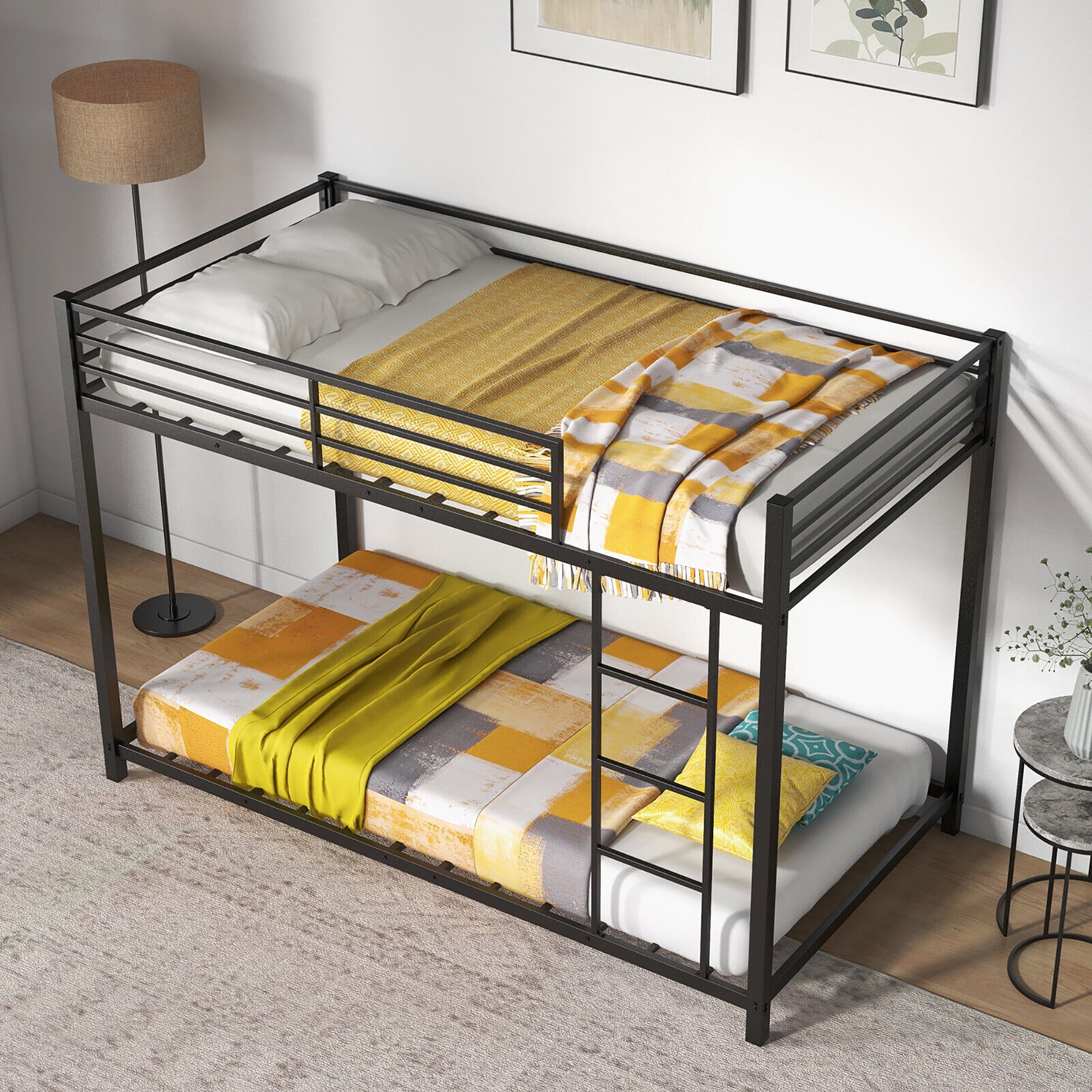 Gymax Twin Over Twin Low Metal Bunk Bed with Ladder Guardrails for
