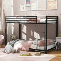 Gymax Twin Over Twin Low Metal Bunk Bed with Ladder Guardrails for Teens Adults Black