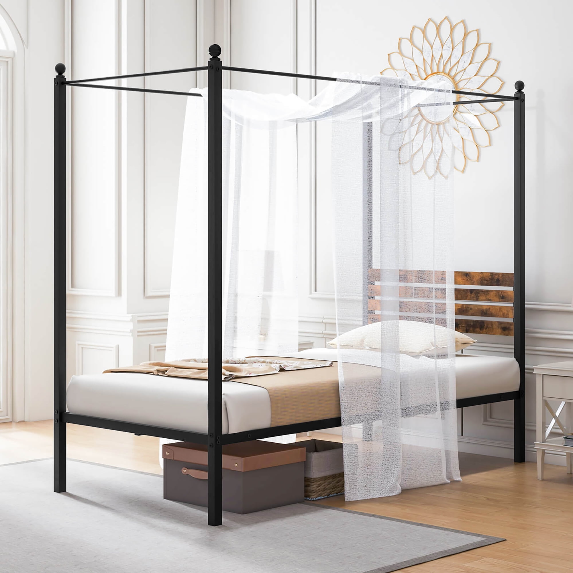 Gymax Twin Size 4-Post Canopy Bed Frame Rustproof Metal Noise-free with Foot Pads