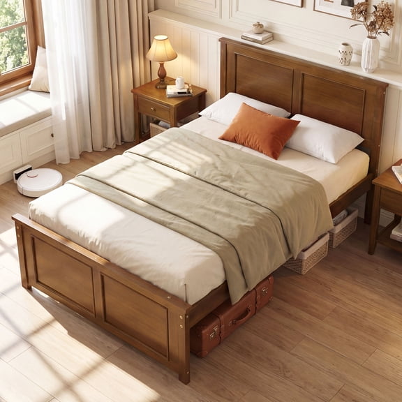 Gymax Twin Size Bed Frame Farmhouse Wooden Platform Bed w/ Headboard Walnut