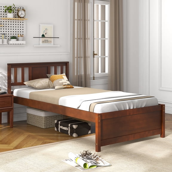 Gymax Twin Size Bed Frame w/ Headboard Wood Slat Support No Box Spring Needed