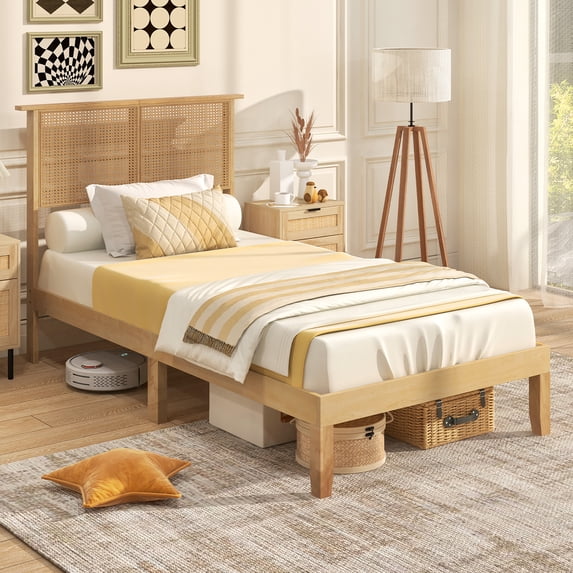 Gymax Twin Size Bed Frame w/ Rattan Headboard 10 Solid Wood Legs & 12 Wooden Slats
