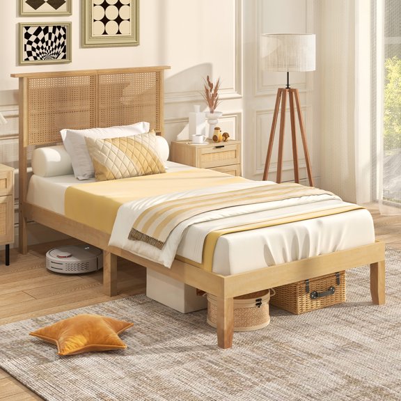 Gymax Twin Size Bed Frame w/ Rattan Headboard 10 Solid Wood Legs & 12 Wooden Slats