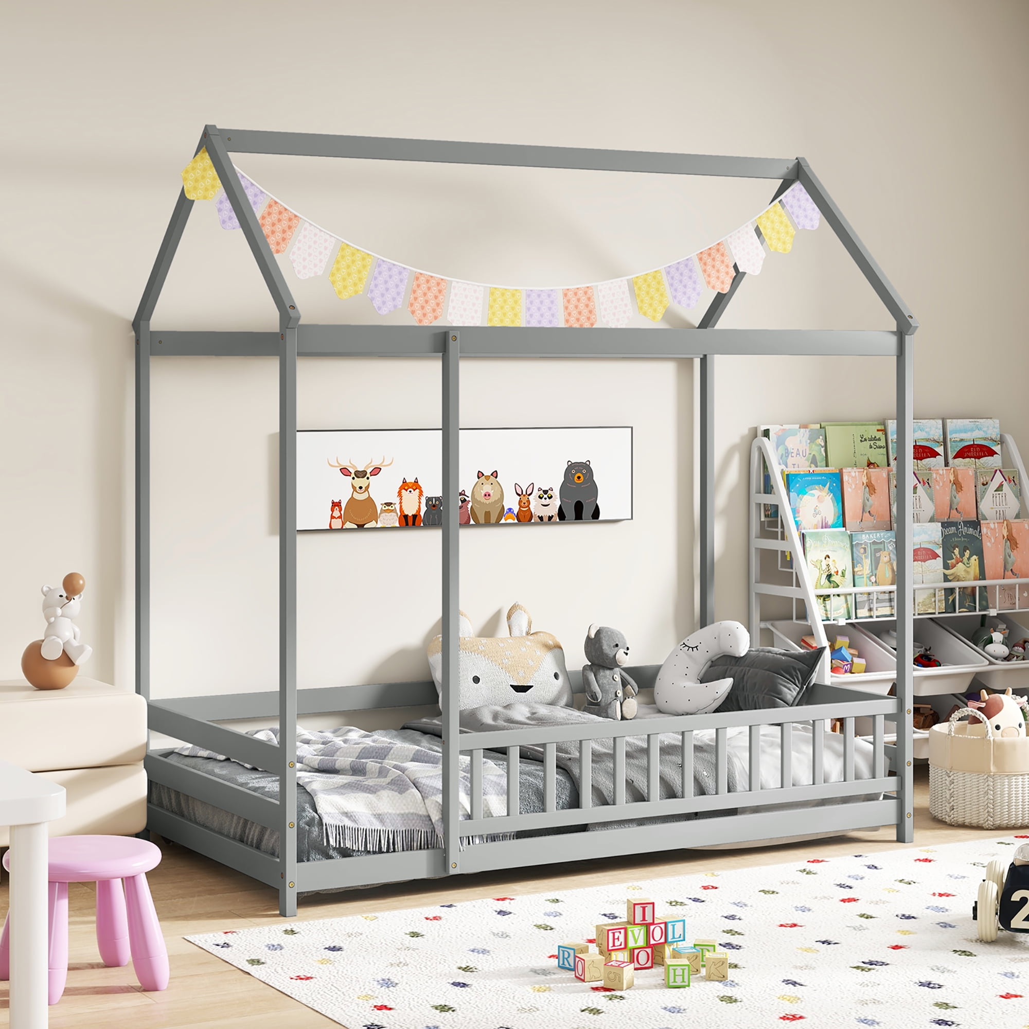 Gymax Twin Size House Bed w/ Roof & Full-length Safety Guardrail Playhouse Bed Frame Grey