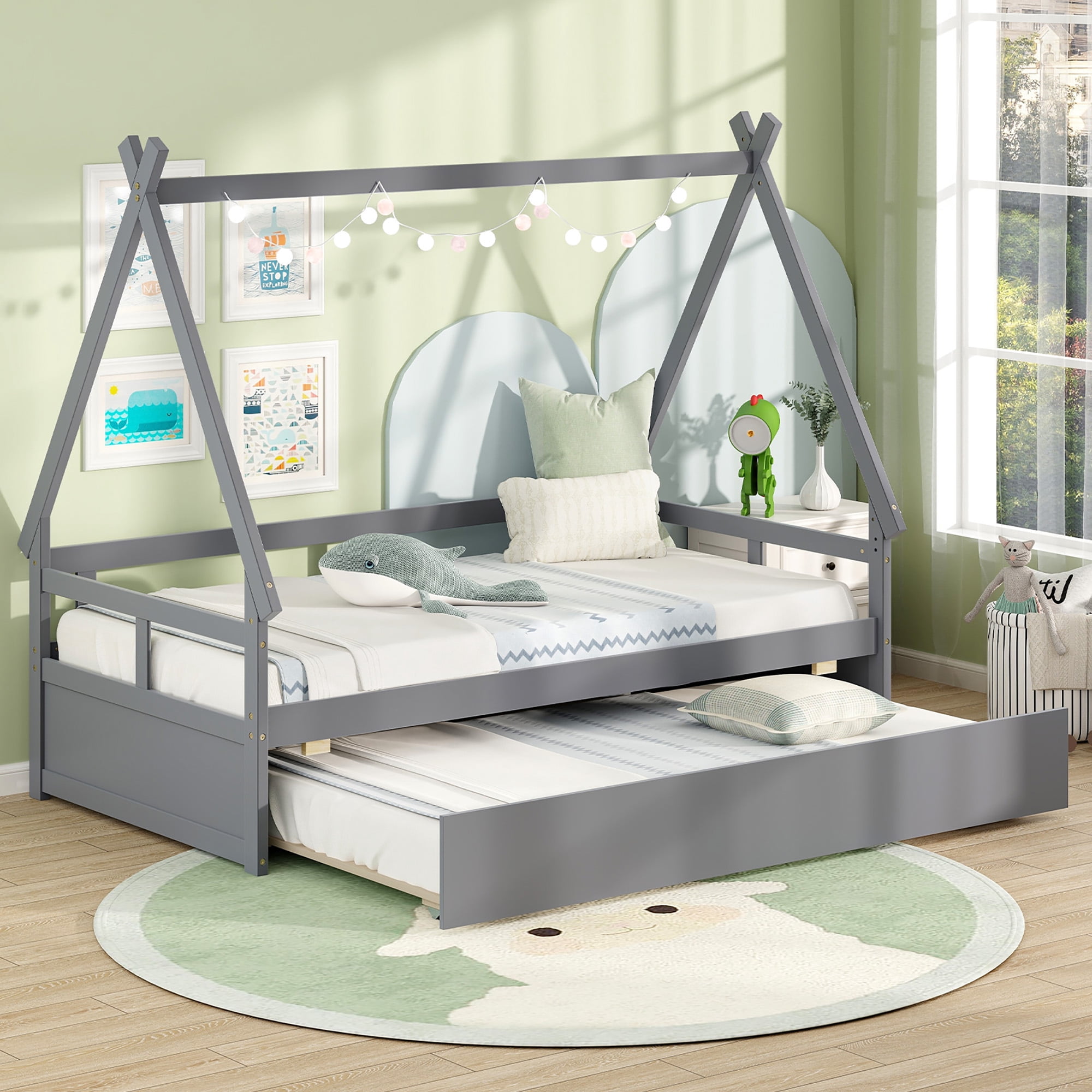 Gymax Twin Size House Bed w/ Trundle Roof & Safety Guardrail Wood Slat Support Gray