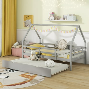 Gymax Twin Size House Bed w/ Trundle Wooden Kids Bed w/ Safety Rails & Decorable Roof Gray