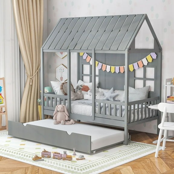 Gymax Twin Size House Bed with Trundle Fence Decor Wooden Windows Tall Roof Gray