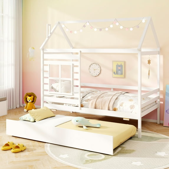 Gymax Twin Size House Bed with Trundle Wooden Platform Bed w/ Roof Chimney & Window White