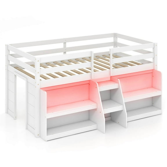 Gymax Twin Size Loft Bed w/ LED Lights Staircase & Safety Guardrail Under-bed Storage White