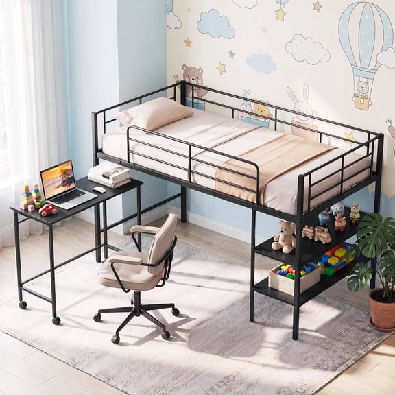 Gymax Twin Size Loft Bed w/Rolling Desk & Bookshelf Metal Slats for Bedroom Dormitory Black