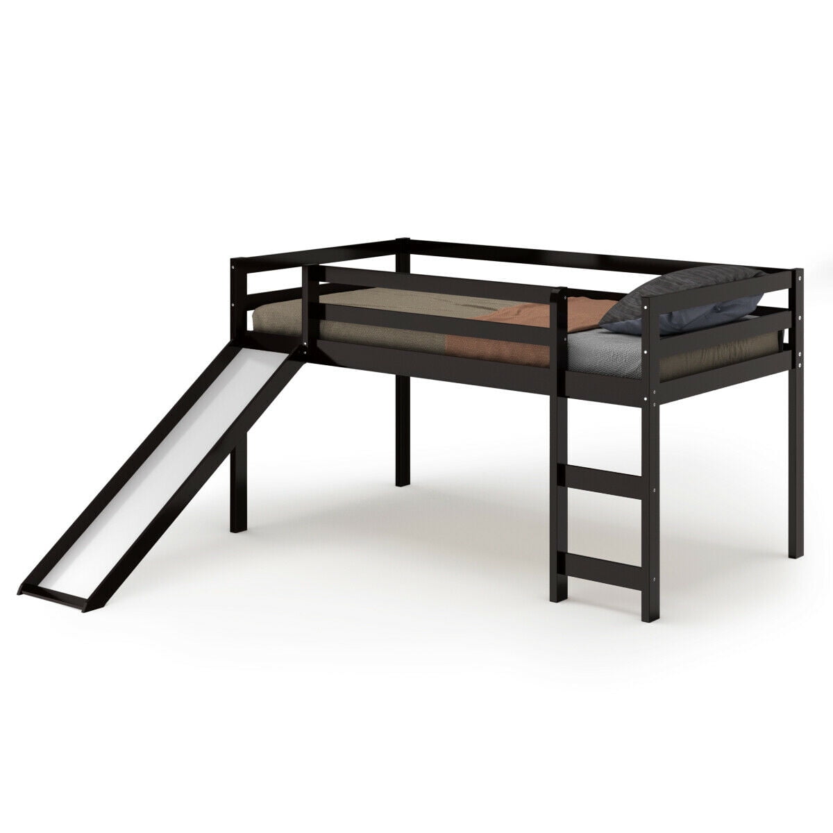 Gymax Twin Size Loft Bed with Slide Wood Low Sturdy Loft Bed for Kids Bedroom Espresso