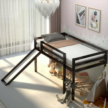 Gymax Twin Size Loft Bed with Slide Wood Low Sturdy Loft Bed for Kids Bedroom Espresso