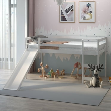 Gymax Twin Size Loft Bed with Slide Wood Low Sturdy Loft Bed Bedroom White