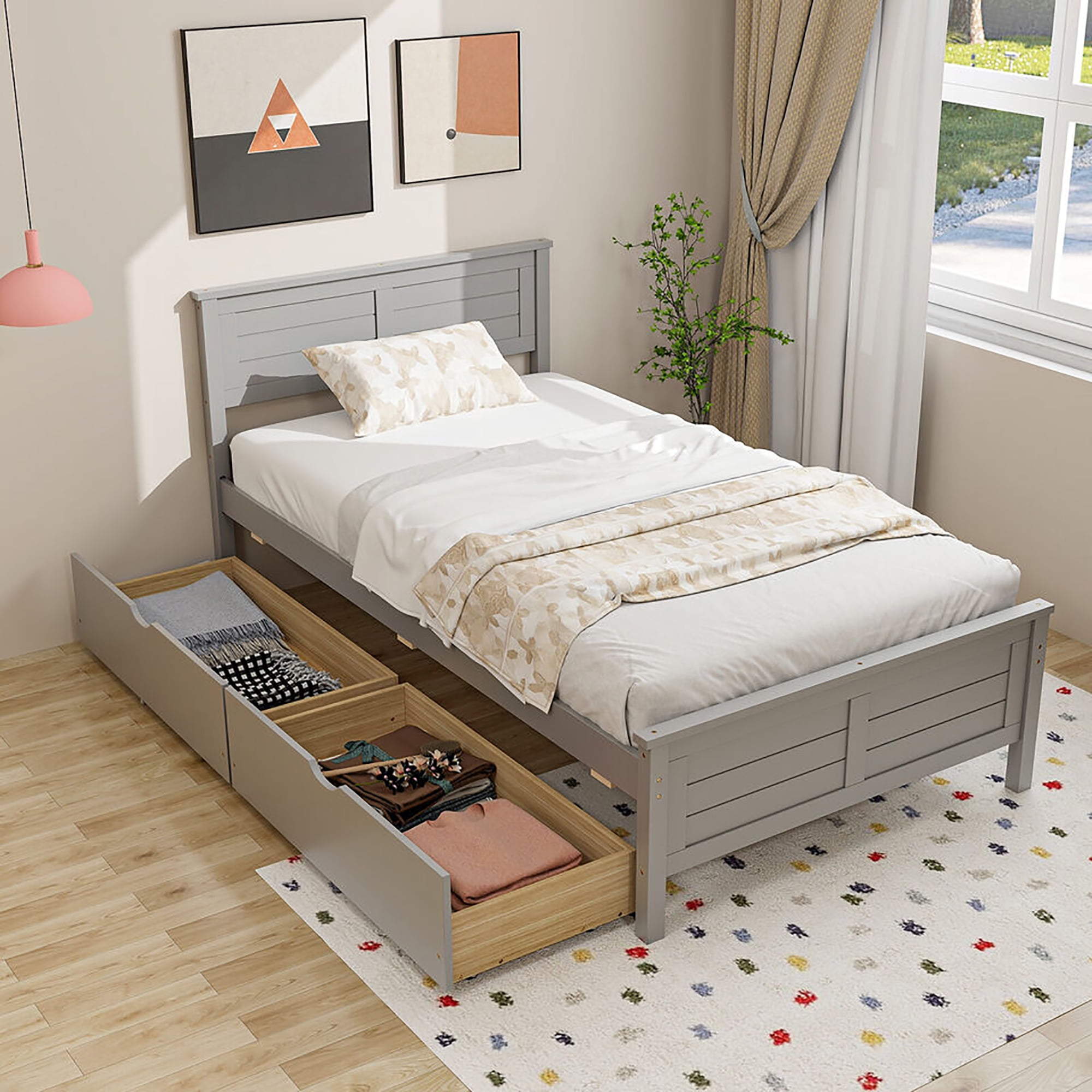 Gymax Twin Size Wooden Bed Frame w/ 2 Storage Drawers