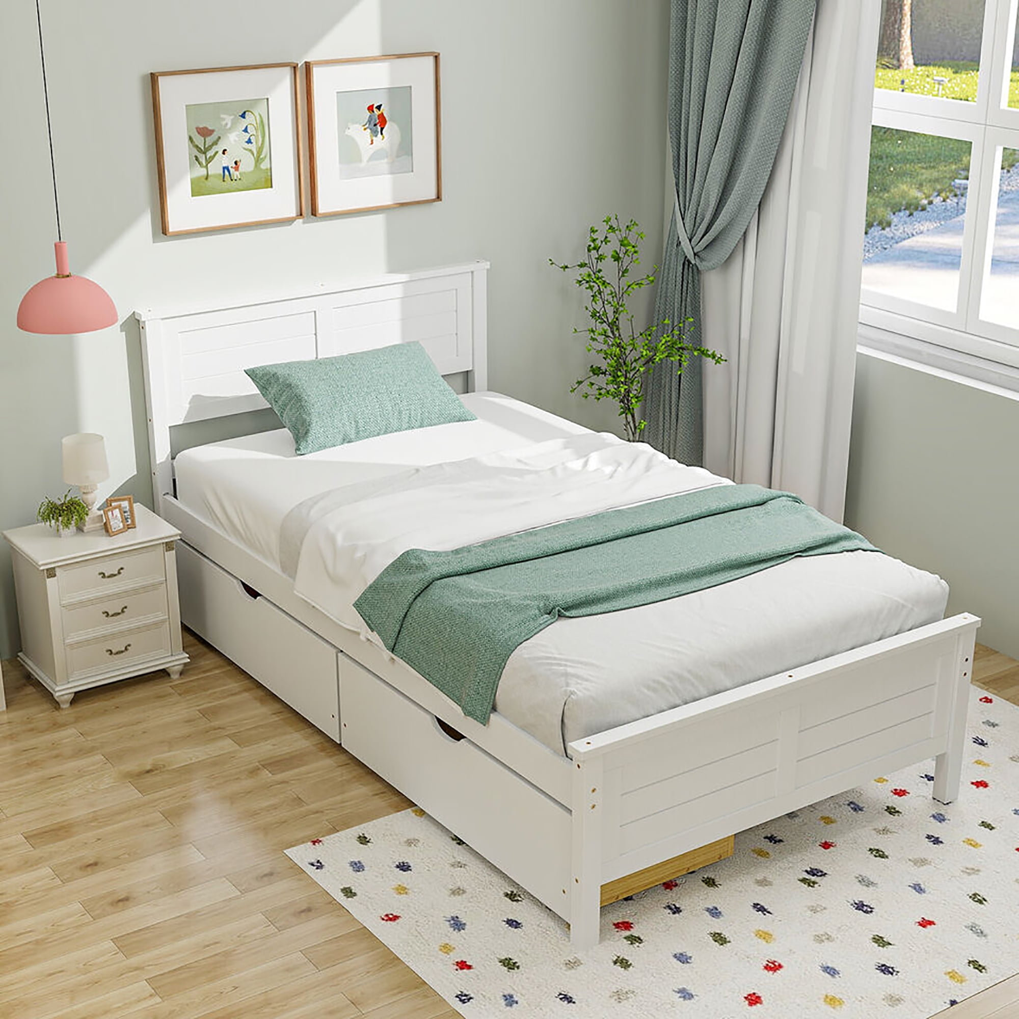Gymax Twin Size Wooden Bed Frame w/ 2 Storage Drawers