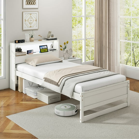 Gymax Twin Size Wooden Bed Frame w/ Charging Station & LED Light Storage Headboard White