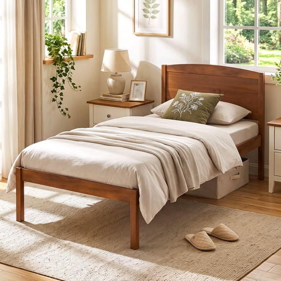 Gymax Twin Size Wooden Platform Bed Frame w/Curved Headboard Solid Pine Wood Legs Walnut