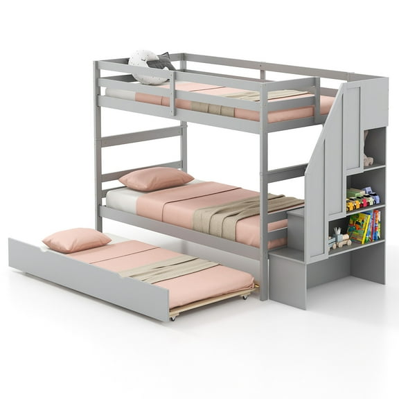 Gymax Twin over Twin Wooden Bunk Bed w/ Trundle Storage Stairs Convertible Gray