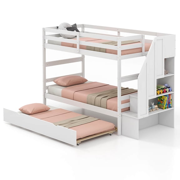 Gymax Twin over Twin Wooden Bunk Bed w/ Trundle Storage Stairs Convertible White
