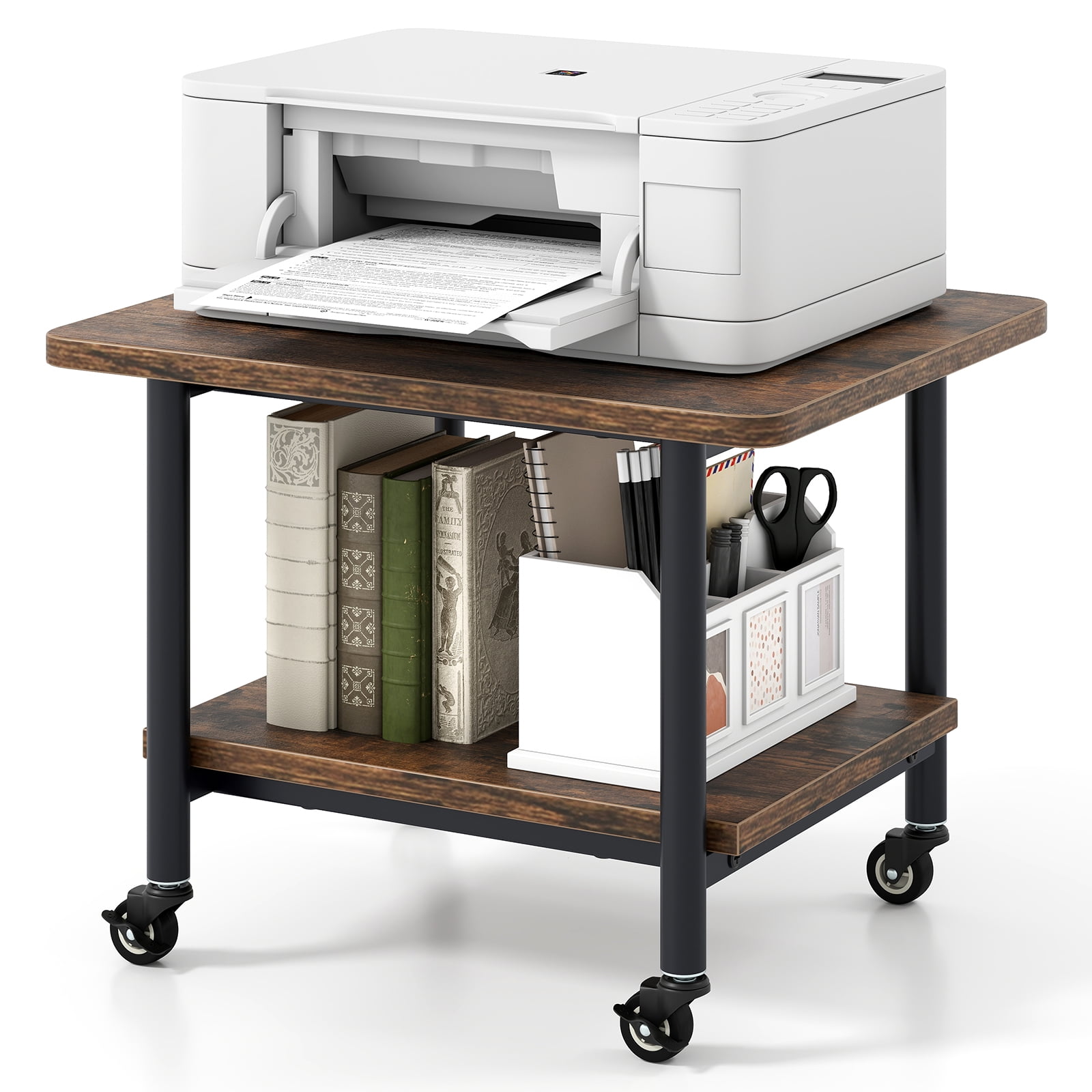 Brown 2-Tier Rolling Under Desk Printer Stand with Metal Frame